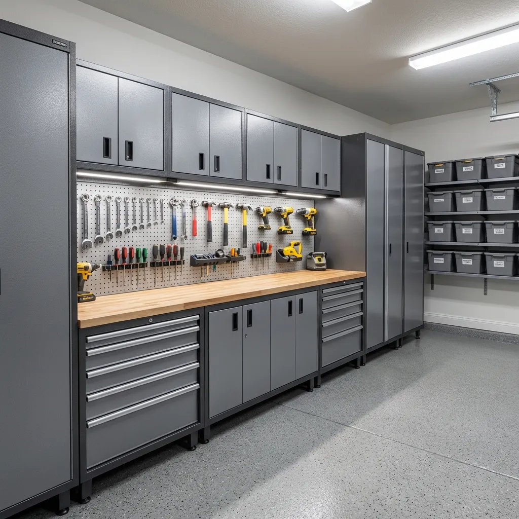 Custom garage workbench with integrated cabinet storage, dark gray base cabinets and pegboard