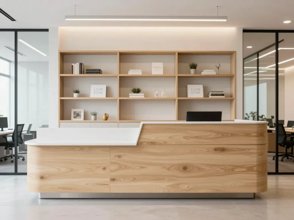 Modern real estate office custom reception millwork with light wood reception counter and professional shelving