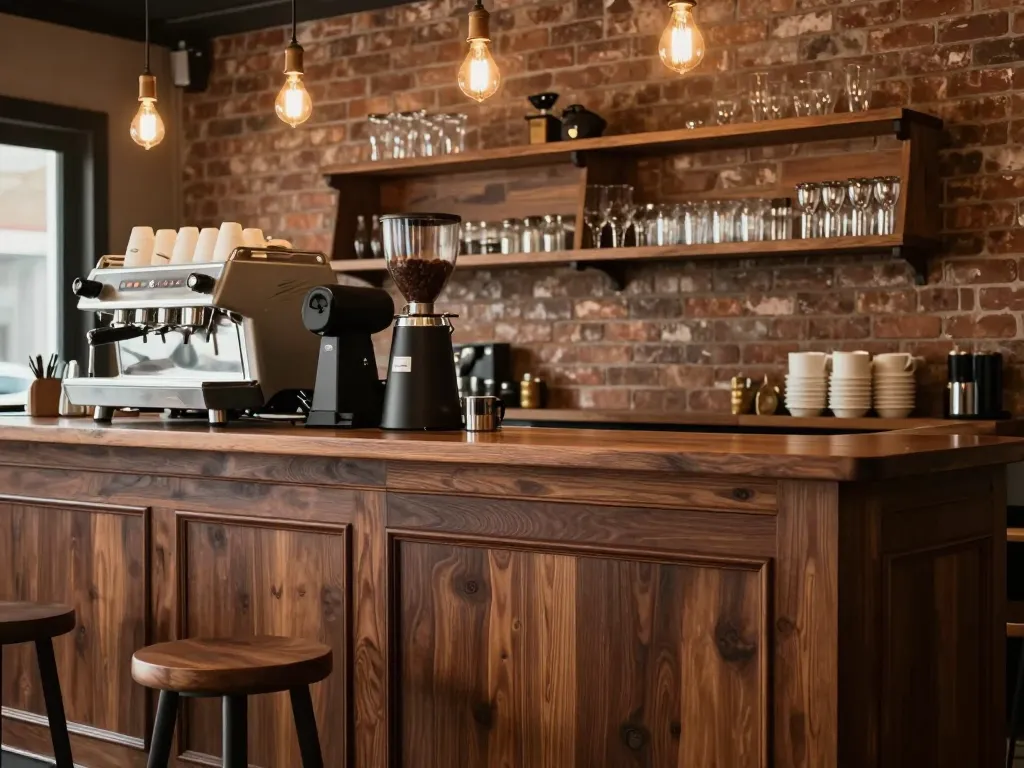 Custom dark stained wood bar back millwork in a modern cafe with espresso machine and glassware display