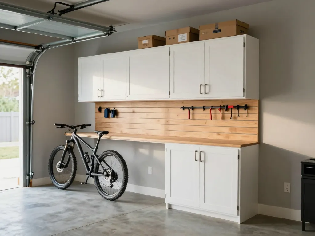 Completed wall-mounted garage storage cabinet system with white overhead cabinets and slatwall panel