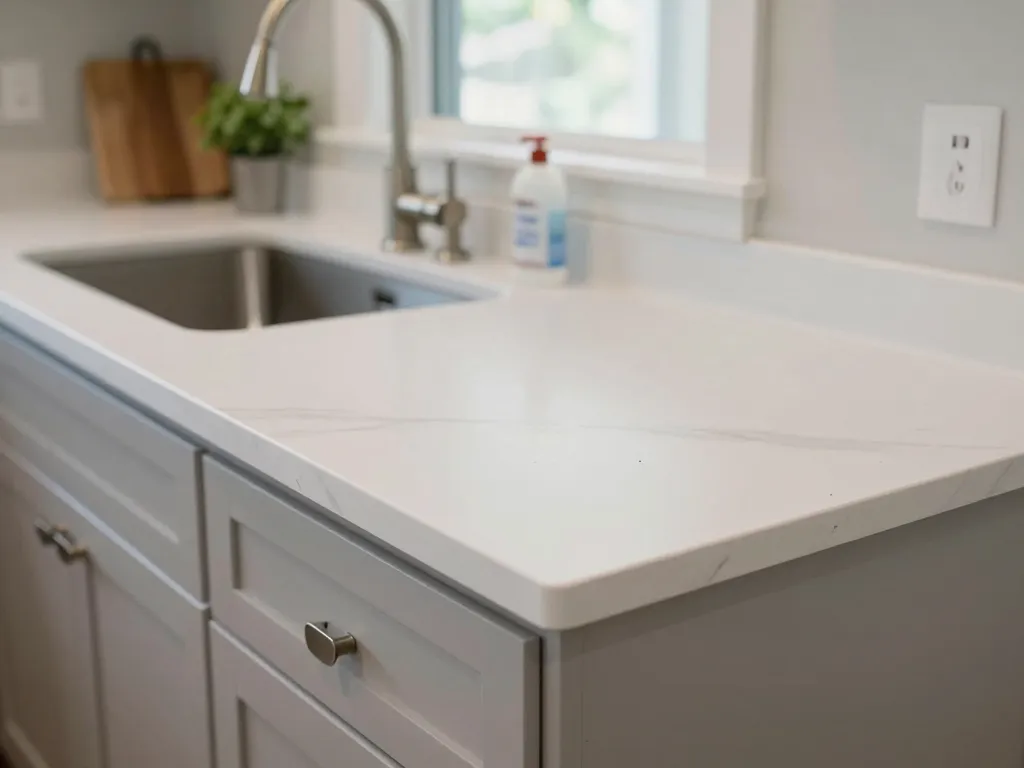 White quartz countertops in a residential kitchen with undermount sink and brushed nickel faucet
