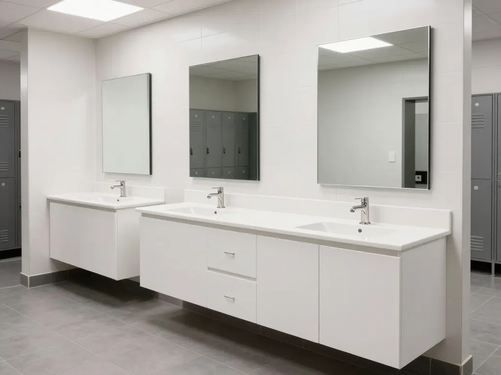 Custom locker room vanity cabinets in a fitness center with white laminate floating vanity units and undermount sinks