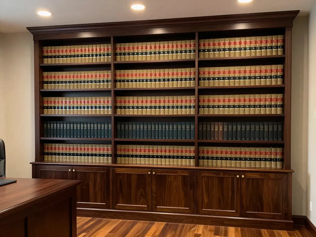 Custom dark walnut built-in law office bookshelves floor-to-ceiling with law books and lower cabinet storage
