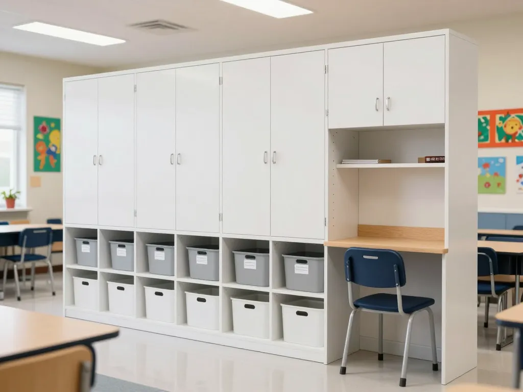 Custom white classroom storage cabinets along a classroom wall with upper closed storage and lower open cubbies
