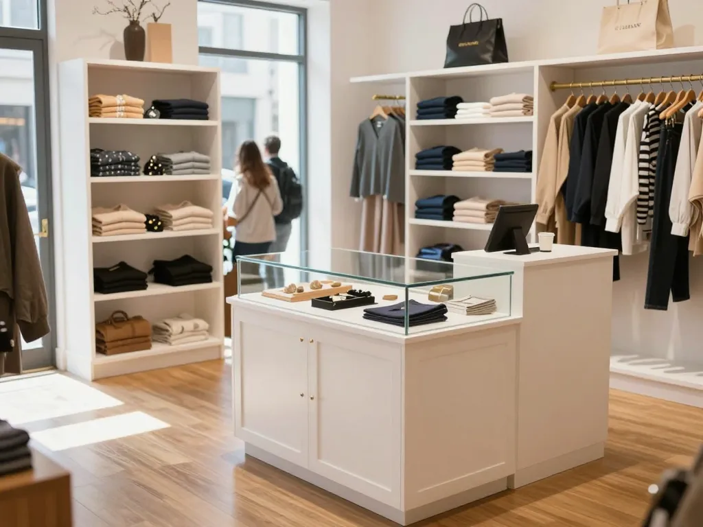 Custom retail display shelving and cabinetry in a boutique clothing store with white painted shelving