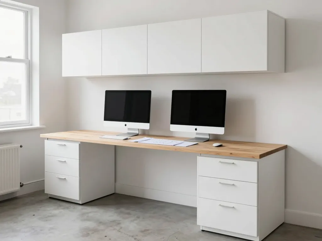 Custom built-in workstation in an architecture studio with integrated white oak desk and floating cabinet storage