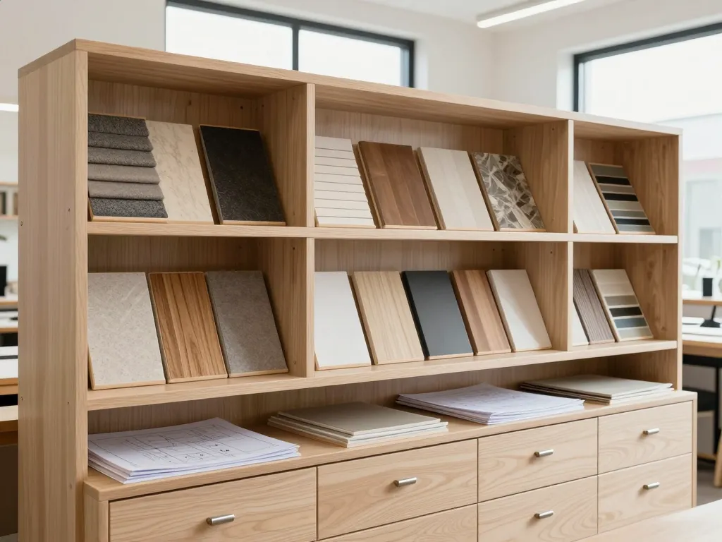 Custom light maple open shelving in an architecture studio with organized material samples
