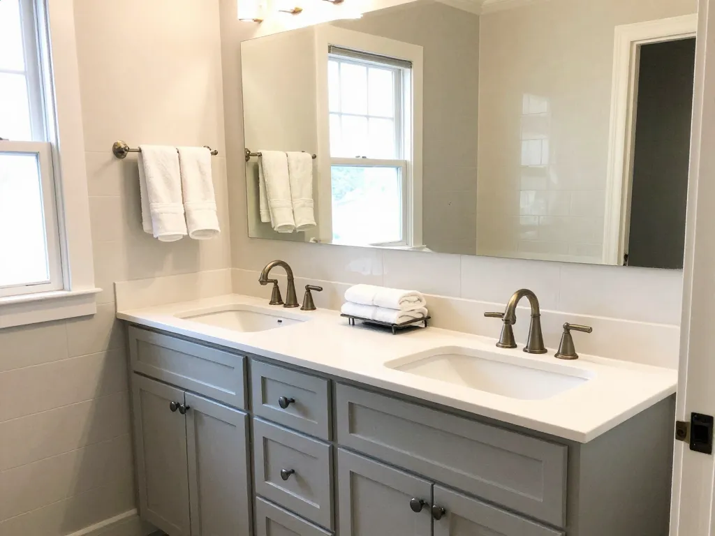 Double-sink floor-mounted vanity with Shaker cabinet doors