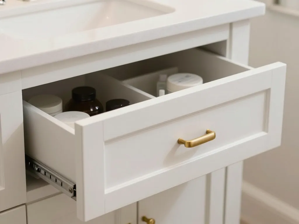 Soft-close drawer on custom bathroom vanity
