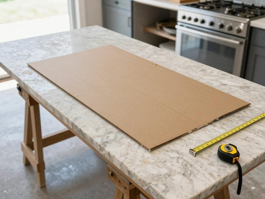 Stone fabrication template being laid on a kitchen counter with quartz slab on sawhorses