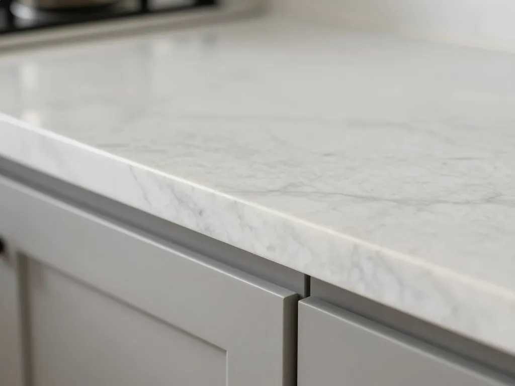Polished quartz countertop edge detail with eased edge profile on white quartz slab