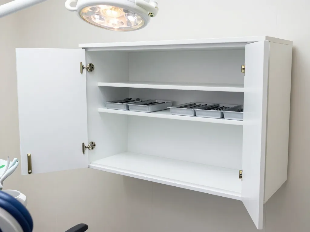 Installed dental operatory cabinet set with wall-mounted upper units and open instrument organization trays