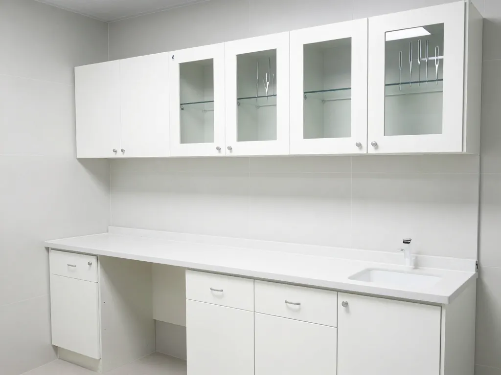 Dental sterilization room with custom white cabinetry, autoclave alcove and glass-panel door storage