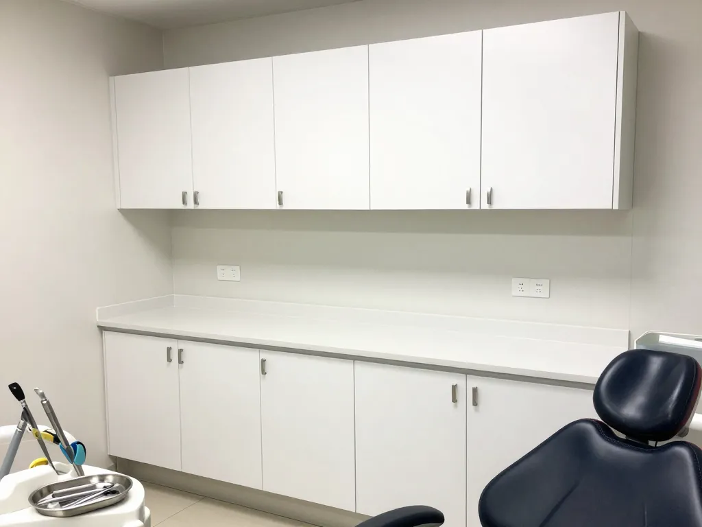 Custom dental operatory cabinets with white seamless laminate and brushed stainless bar pulls