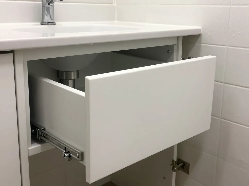 Close-up of gym locker room vanity construction with waterproof white laminate drawer and soft-close mechanism