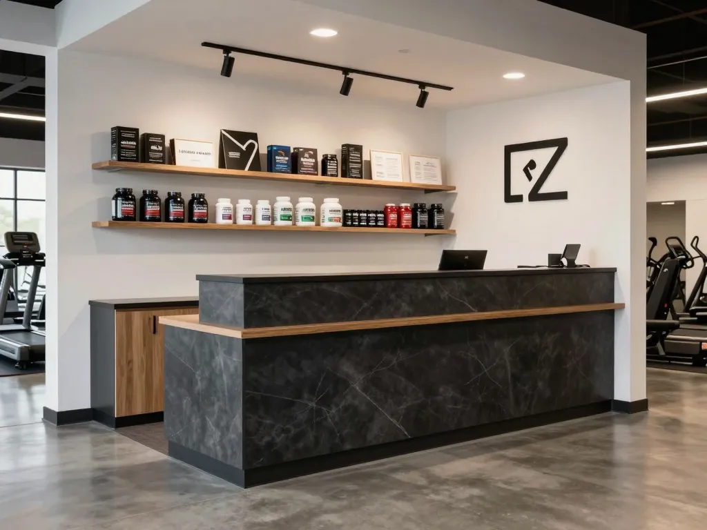Fitness center reception desk with custom millwork and integrated display shelf for merchandise