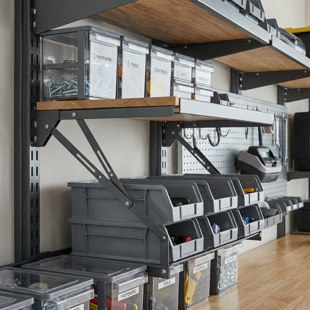 Finished residential garage transformation with white overhead cabinets, workbench and slatwall panel