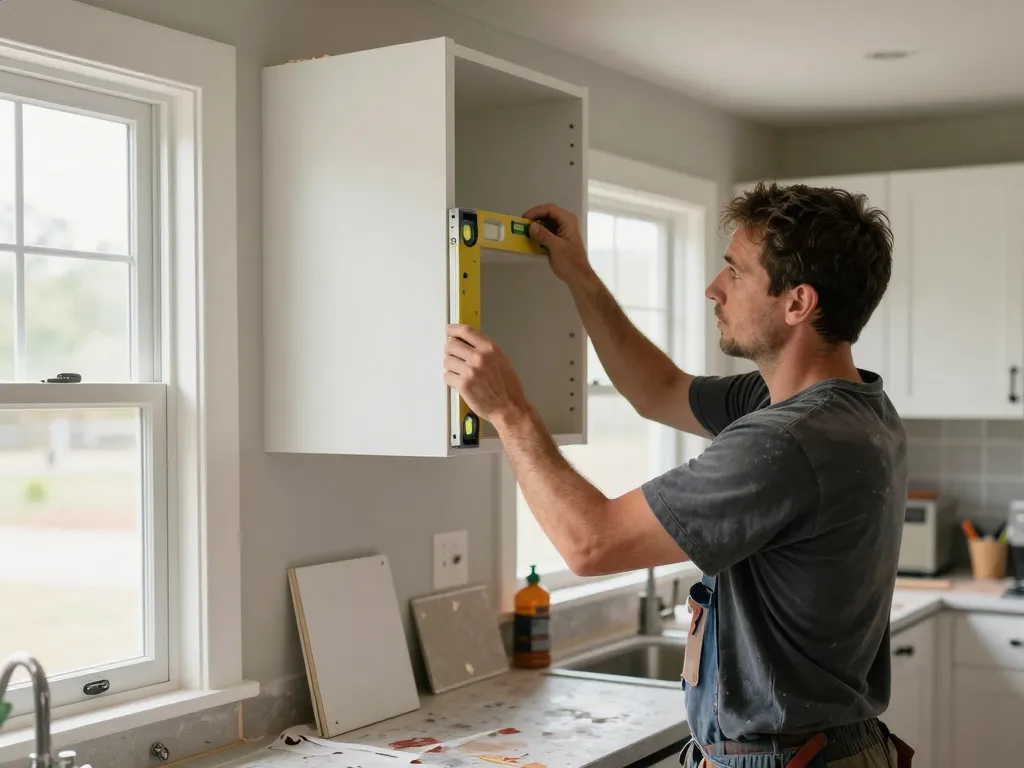 Professional cabinet installer leveling upper wall cabinet