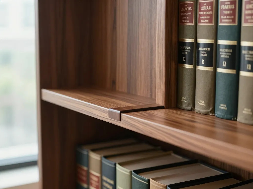 Custom walnut bookshelf joinery detail in a law office with tight dovetail construction