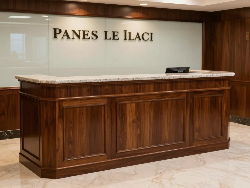 Custom law firm reception desk with dark stained hardwood and raised panel front