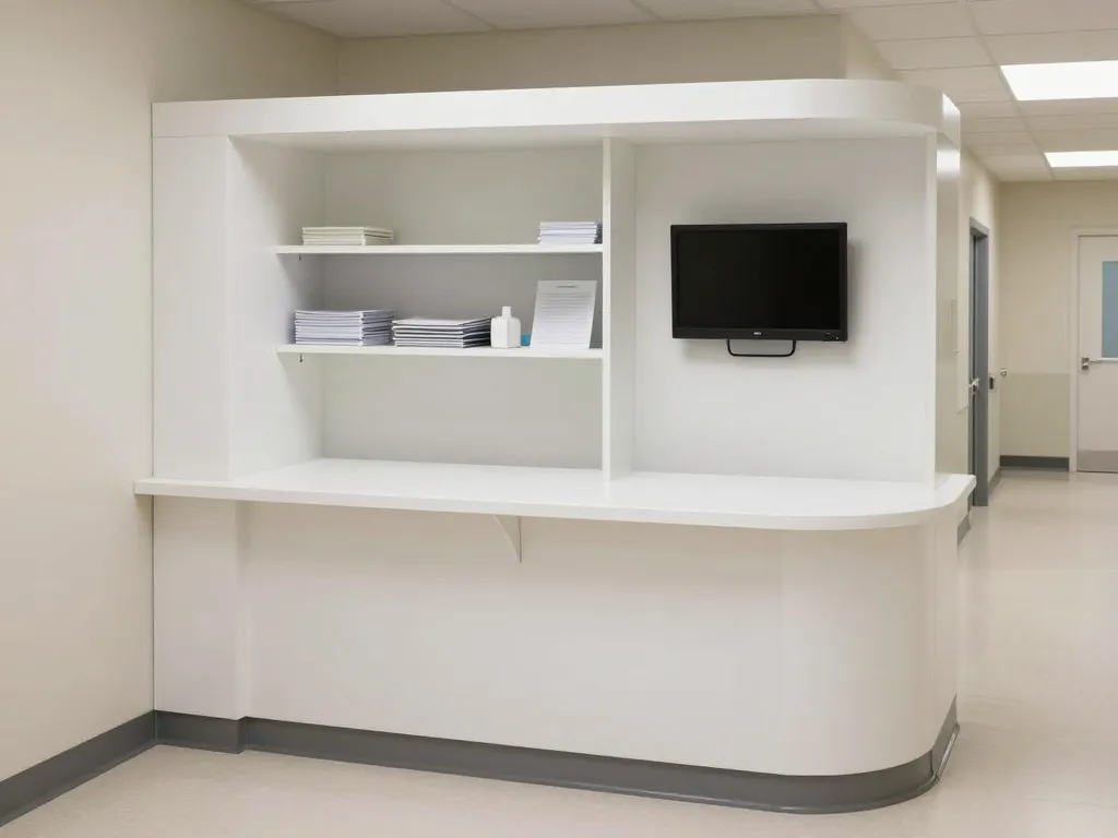 Custom nurses' station millwork with curved white laminate counter and integrated monitor mounting