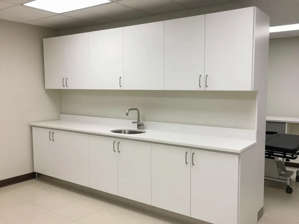Custom white laminate exam room cabinets with stainless bar hardware and integrated countertop