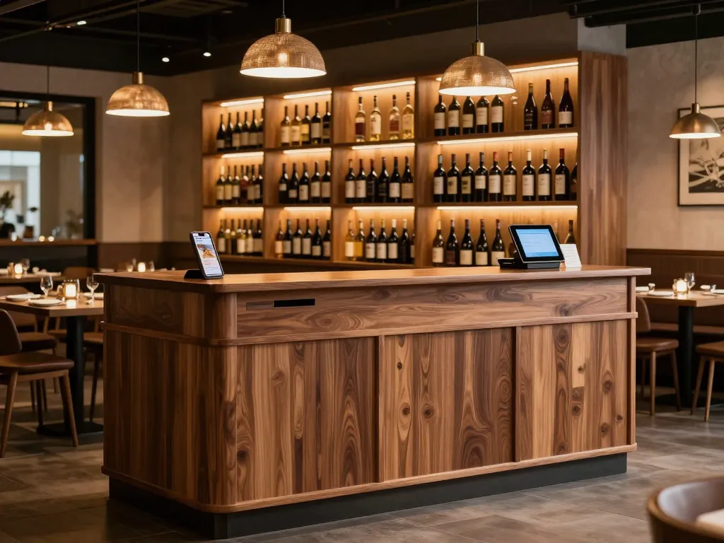 Custom restaurant host station millwork with warm walnut reception pedestal and wine display shelving