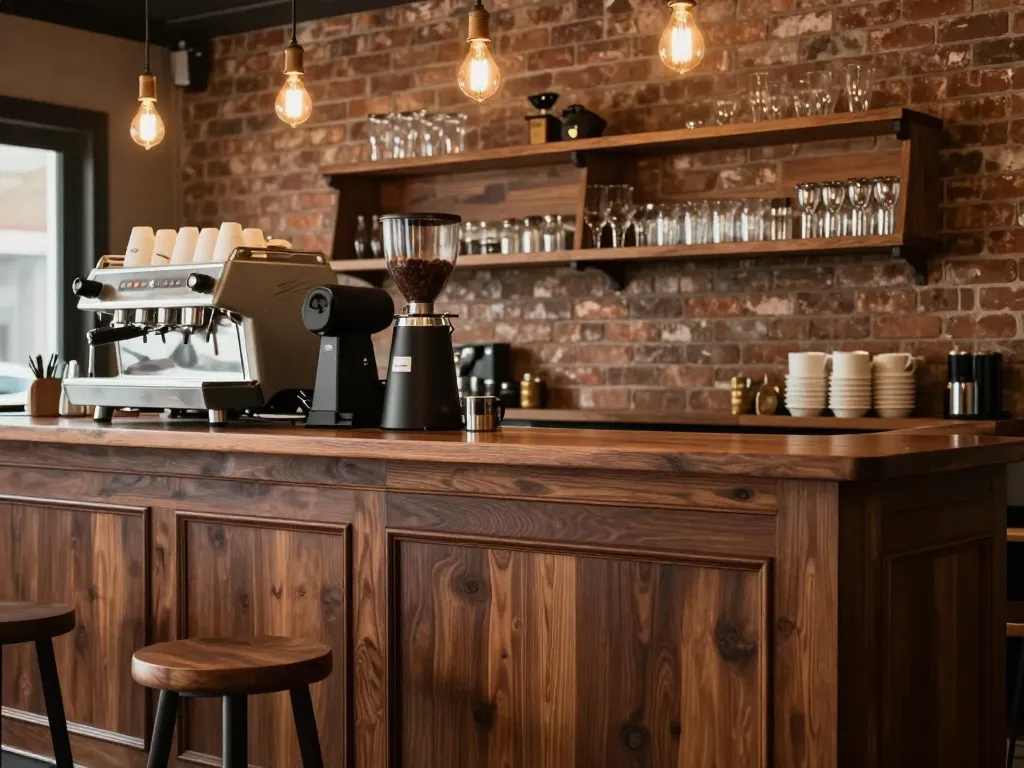 Custom dark stained wood bar back millwork in a modern cafe with espresso machine and glassware display