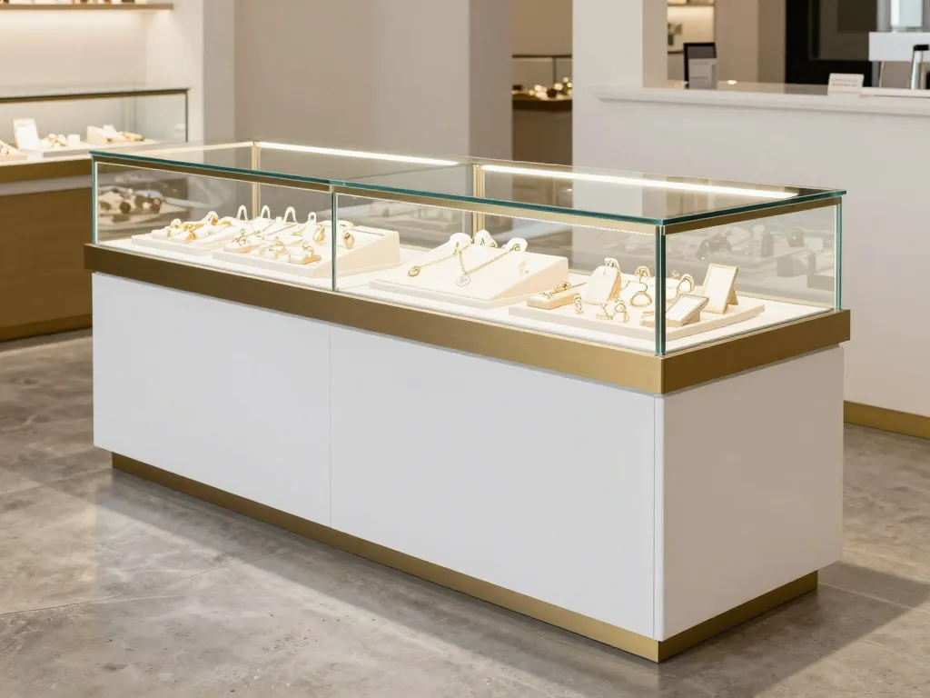 Custom retail jewelry display case with glass-top display counter and LED interior lighting