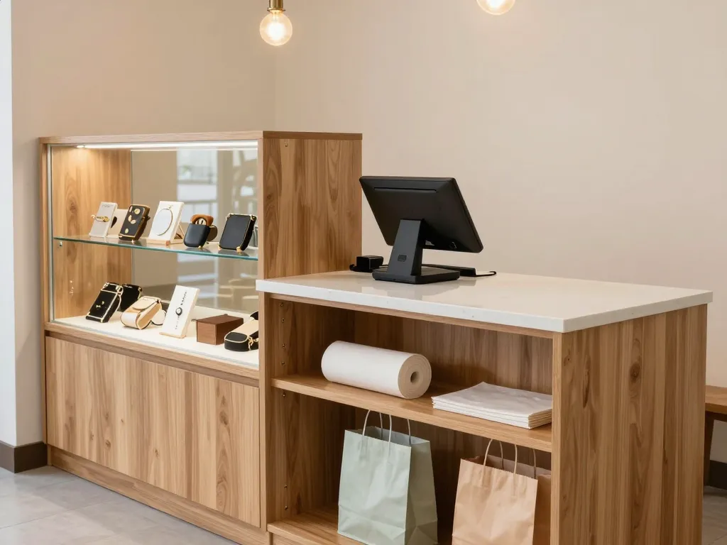 Custom boutique checkout counter with light walnut veneer and white quartz top