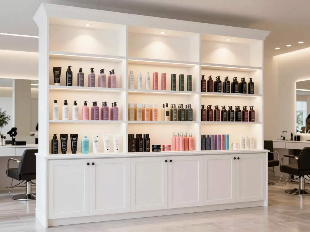 Custom salon backbar millwork installation with floor-to-ceiling white painted shelving