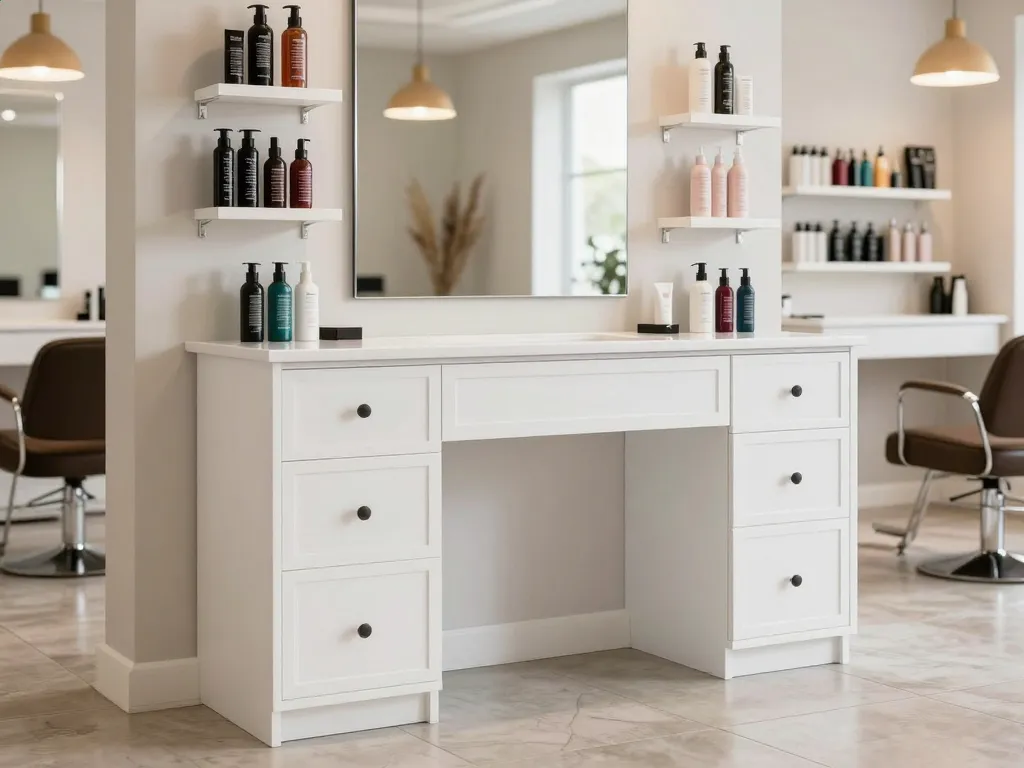Custom white Shaker styling station cabinets with soft-close drawers in a salon
