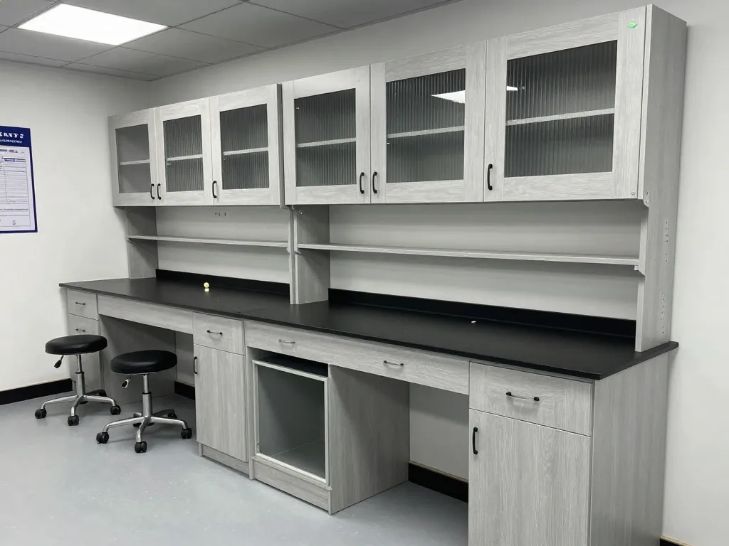 Custom science lab casework with gray laminate base cabinets and black epoxy resin countertop