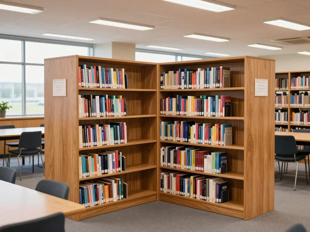 School library with custom wood shelving - maple-finish double-sided bookshelf units with organized books