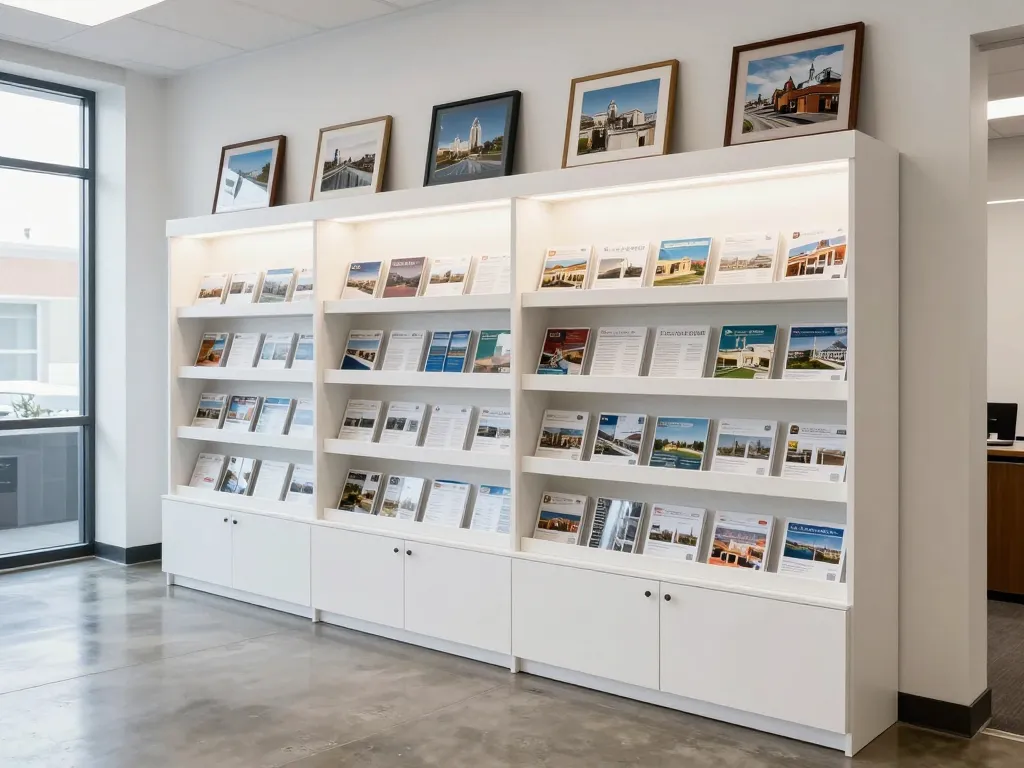 Real estate office wall-mounted listing display cabinet with white painted millwork shelving