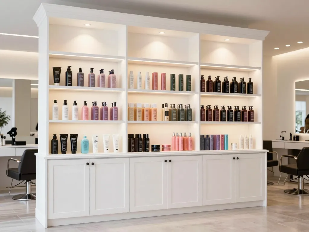 Custom salon backbar millwork installation with floor-to-ceiling white painted shelving