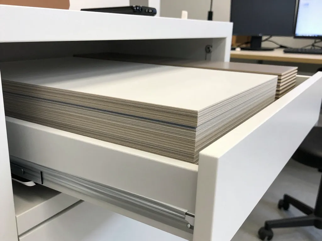 Architecture studio material sample organization with open flat-file drawer and white oak cabinetry
