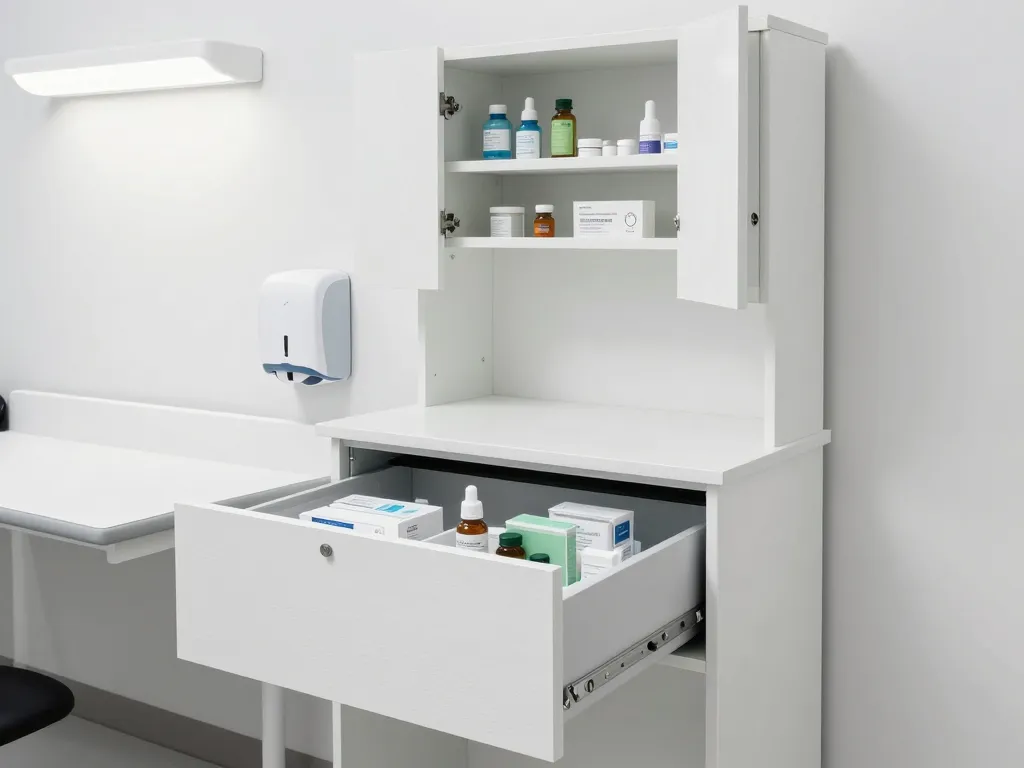 Installed custom exam room base cabinets with white laminate doors and medical supply organization