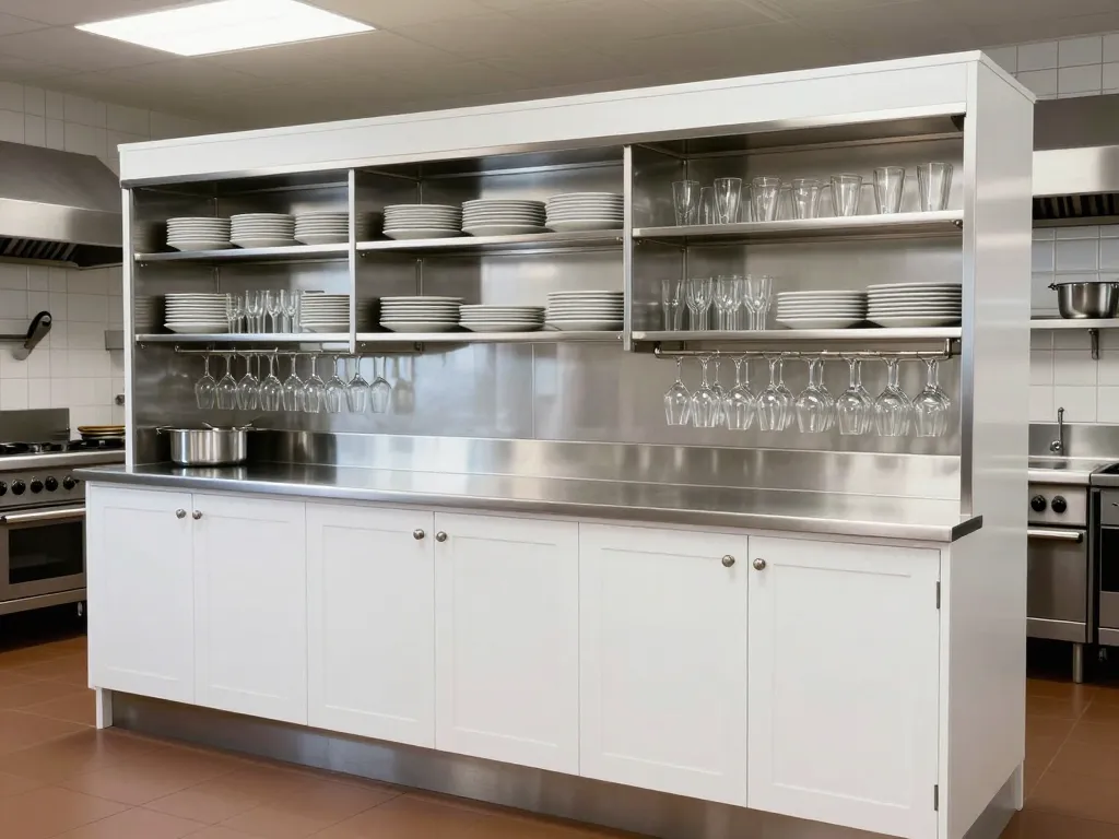 Restaurant server station built-in millwork with white laminate base cabinets and speed rack for wine glasses