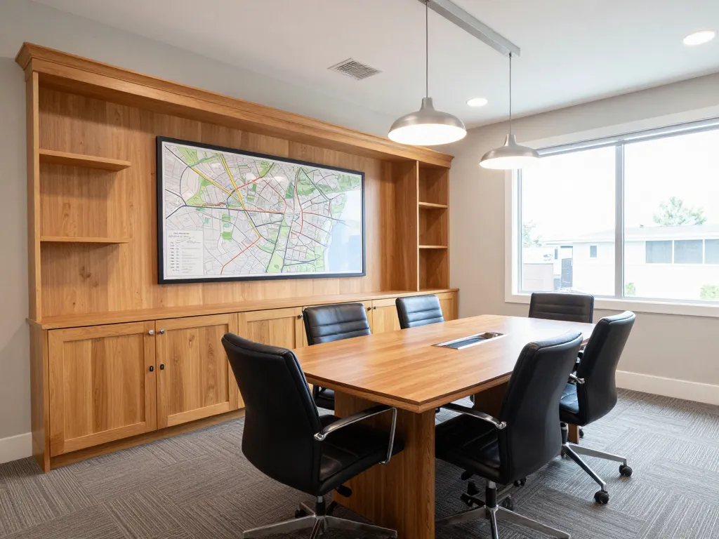 Real estate office conference room with custom millwork built-in credenza in light oak