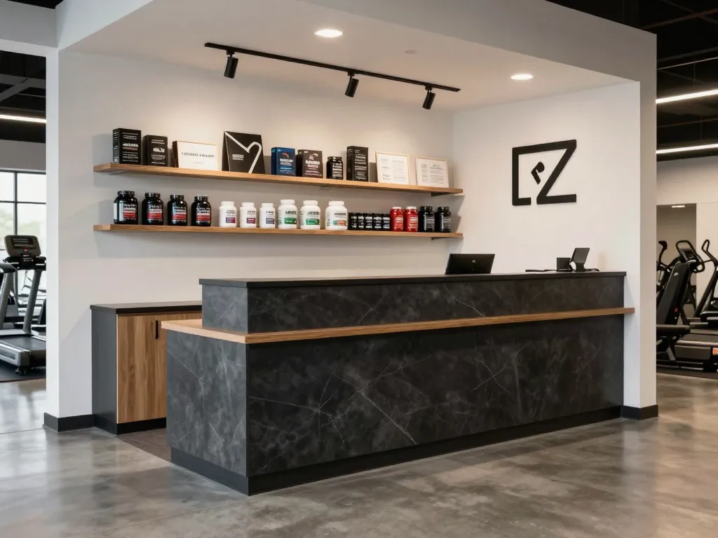 Fitness center reception desk with custom millwork and integrated display shelf for merchandise