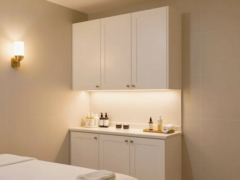 Spa treatment room with custom white cabinetry and wall-mounted storage cabinets
