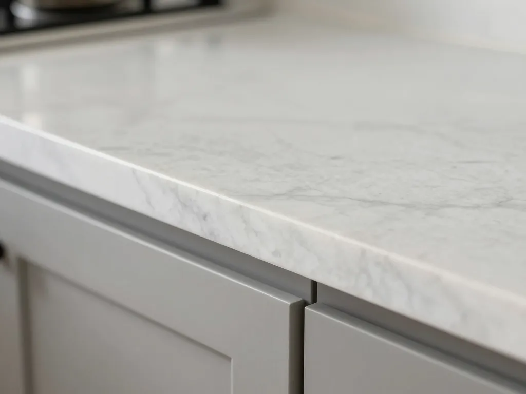 Polished quartz countertop edge detail with eased edge profile on white quartz slab