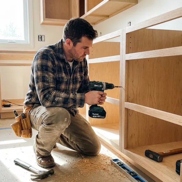 Cabinet installer measuring for custom cabinets in Madison Alabama